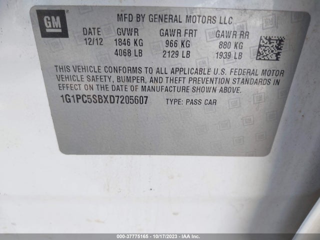 2013 CHEVROLET CRUZE 1LT VIN: 1G1PC5SBXD7205607