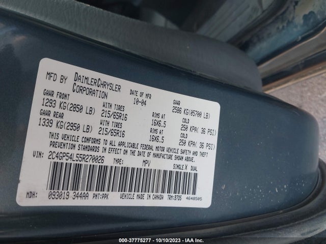 2005 CHRYSLER TOWN & COUNTRY TOURING VIN: 2C4GP54L55R270026