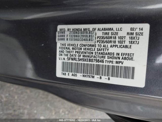 5FNRL5H9XEB079846 Honda Odyssey Touring