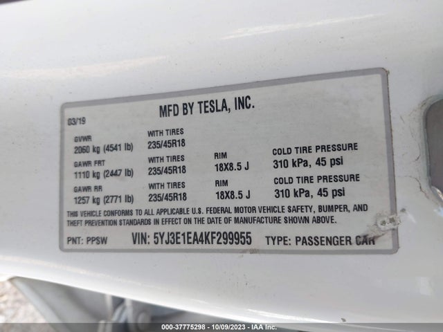 2019 Tesla 3, VIN: 5YJ3E1EA4KF299955