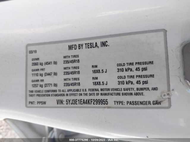 5YJ3E1EA4KF299955 Tesla Model 3 Range