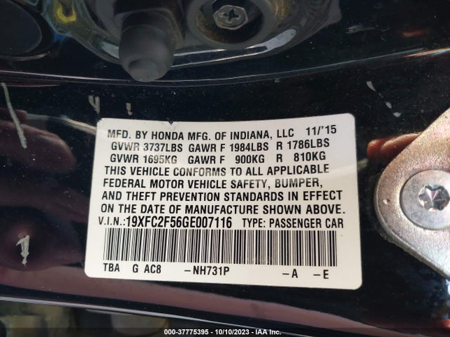 Honda Civic Sedan Lx 2016 19XFC2F56GE007116 Image 9