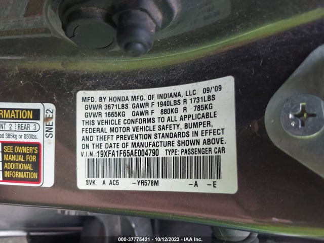 2010 HONDA CIVIC SDN LX-S VIN: 19XFA1F65AE004790