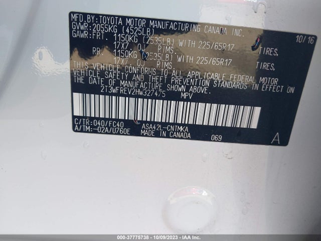 2017 TOYOTA RAV4 XLE VIN: 2T3WFREV2HW327475