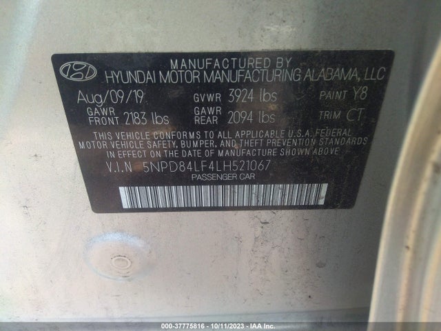 2020 HYUNDAI ELANTRA SEL VIN: 5NPD84LF4LH521067