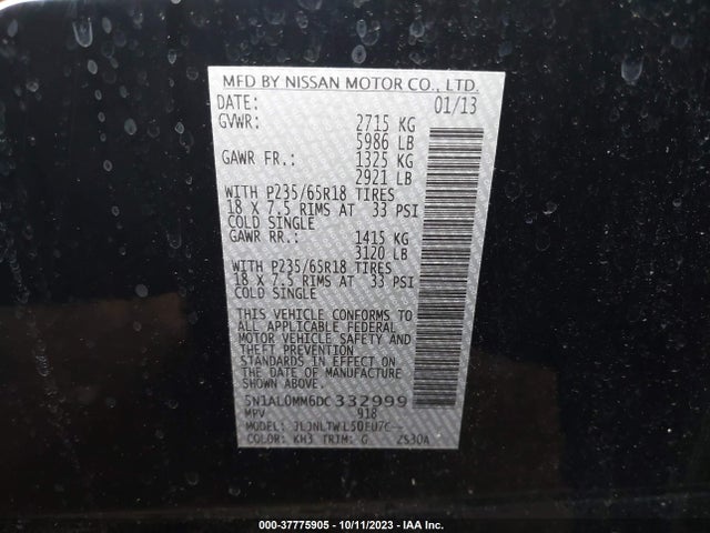 2013 INFINITI JX VIN: 5N1AL0MM6DC332999