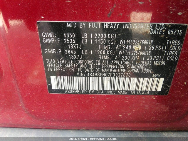 4S4BSENC7F3337870 Subaru Outback 3.6r Limited