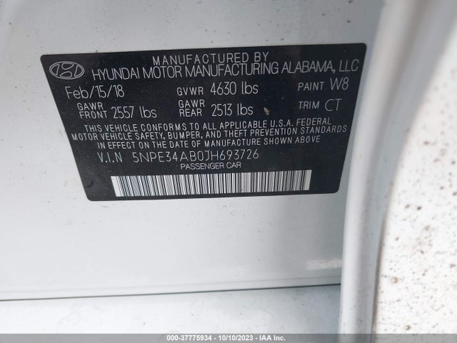 2018 HYUNDAI SONATA SPORT 2.0T VIN: 5NPE34AB0JH693726