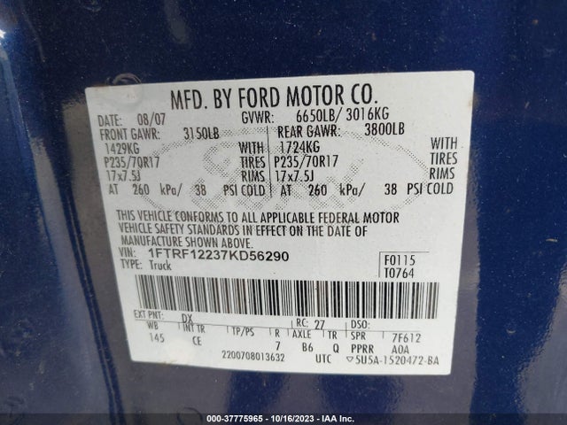 2007 FORD F-150 XL/STX/XLT VIN: 1FTRF12237KD56290
