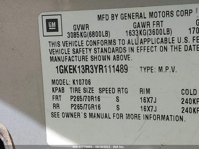 2000 GMC DENALI VIN: 1GKEK13R3YR111489