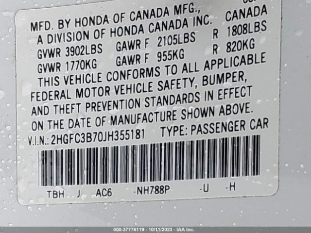 2HGFC3B70JH355181 Honda Civic Coupe Ex-l