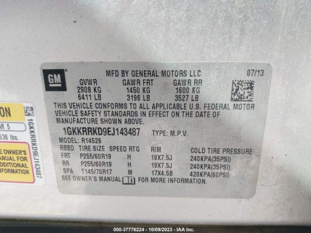 1GKKRRKD9EJ143487 GMC ACADIA SLT