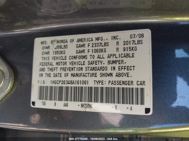 Продаж на аукціоні авто 2008 Honda Accord Sdn Lx, vin: 1HGCP26348A161061, номер лоту: 37776265