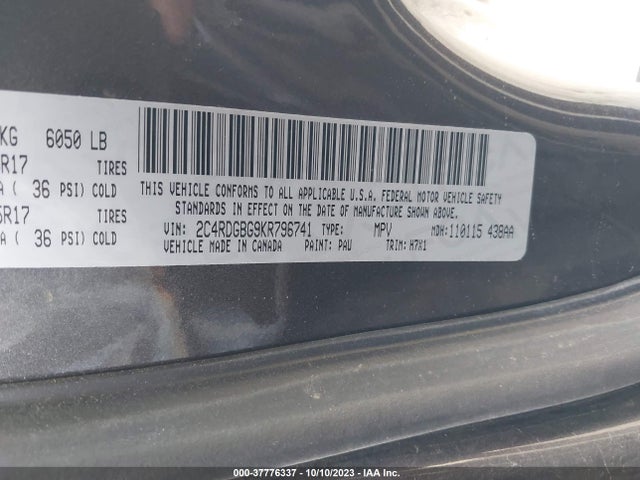 Aukcja sprzedaży 2019 Dodge Grand Caravan Se, vin: 2C4RDGBG9KR796741, numer aukcji: 37776337