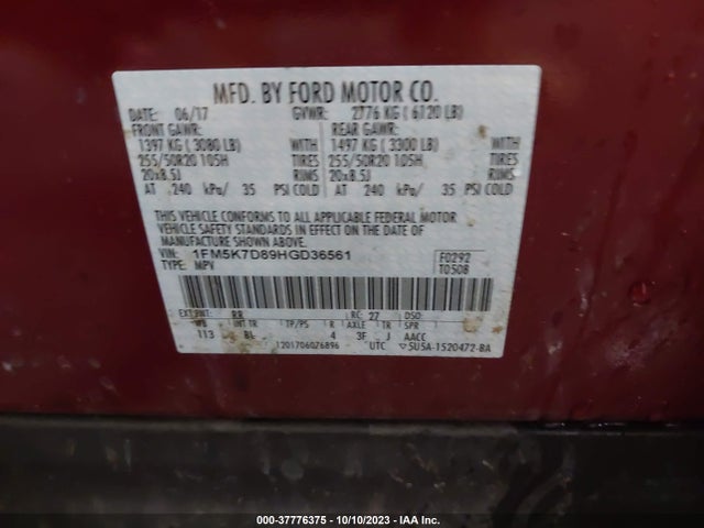 2017 FORD EXPLORER XLT VIN: 1FM5K7D89HGD36561
