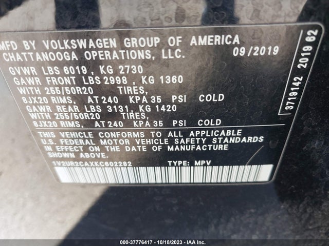 1V2UR2CAXKC602282 Volkswagen Atlas 3.6l V6 Se W/technology