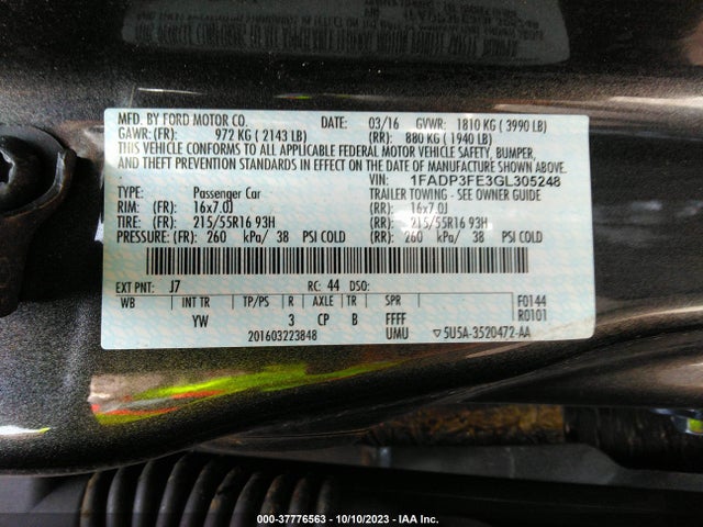 2016 FORD FOCUS SE VIN: 1FADP3FE3GL305248