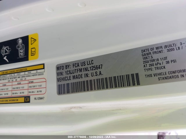 1C6JJTFM1NL125647 Jeep Gladiator Overland