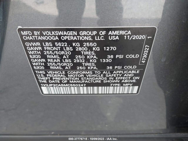 1V2JP2CA5MC550247 Volkswagen Atlas 2.0t Se W/technology