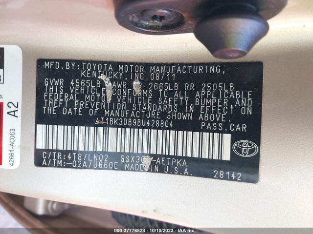 2011 TOYOTA AVALON VIN: 4T1BK3DB9BU428804