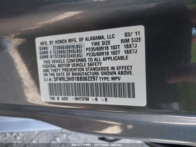 2011 HONDA ODYSSEY TOURING/TOURING ELITE VIN: 5FNRL5H91BB062297