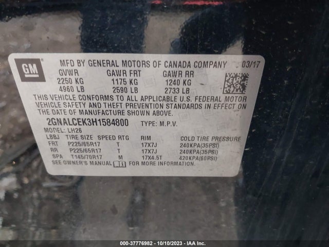 Chevrolet EQUINOX LT 2017 2GNALCEK3H1584800 Image 9
