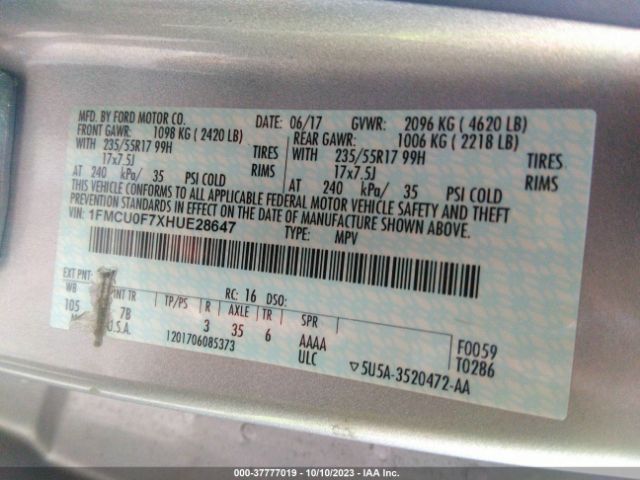 1FMCU0F7XHUE28647 Ford ESCAPE S