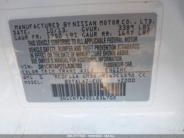 3N1CN7AP2EL836702 Nissan Versa S Plus