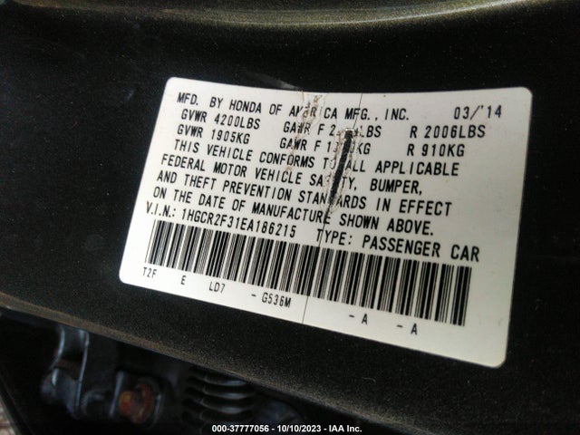 Honda ACCORD LX 2014 1HGCR2F31EA186215 Image 9