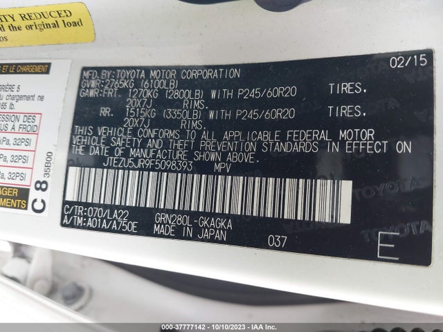 Toyota 4runner Sr5/limited/sr5 Premium 2015 JTEZU5JR9F5098393 Image 9