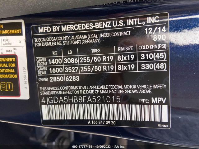 4JGDA5HB8FA521015 Mercedes-Benz M-class Ml 350