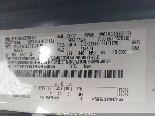 Ford TRANSIT VAN 2017 1FTYE1YM1HKB38664 Image 9