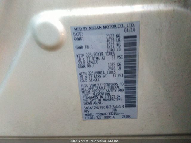 5N1AT2MV7EC823443 Nissan Rogue Sl