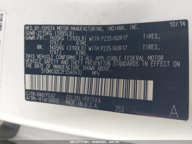 Toyota SIENNA LE 2015 5TDKK3DC2FS540433 Image 9