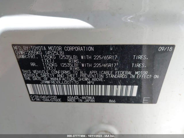 2018 TOYOTA RAV4 XLE/ADVENTURE VIN: JTMWFREVXJJ207170