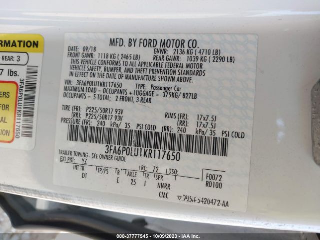 2019 FORD FUSION HYBRID 3FA6P0LU1KR117650 Photo 8