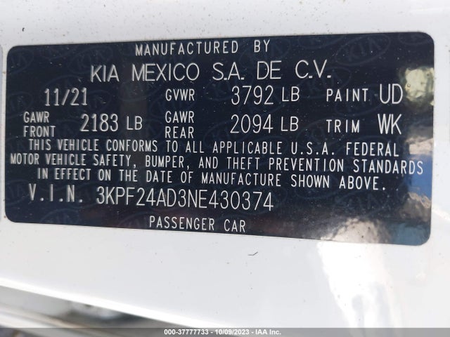 2022 KIA FORTE FE VIN: 3KPF24AD3NE430374