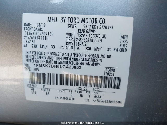 2020 FORD EXPLORER XLT VIN: 1FMSK7DH6LGA23852