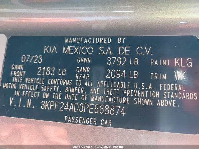 2023 KIA FORTE LXS VIN: 3KPF24AD3PE668874