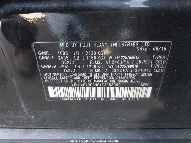 2015 SUBARU OUTBACK 2.5I LIMITED VIN: 4S4BSANC4F3358359