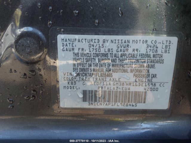 3N1CN7AP1FL928465 Nissan Versa S Plus