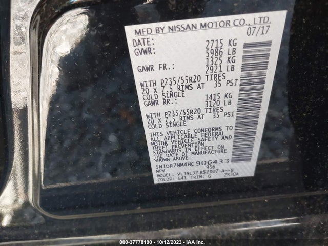2017 NISSAN PATHFINDER PLATINUM VIN: 5N1DR2MM4HC906433