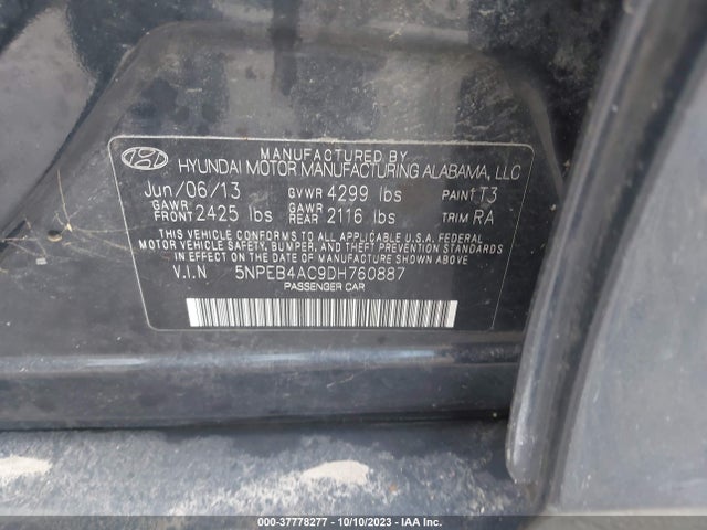 2013 HYUNDAI SONATA GLS PZEV VIN: 5NPEB4AC9DH760887