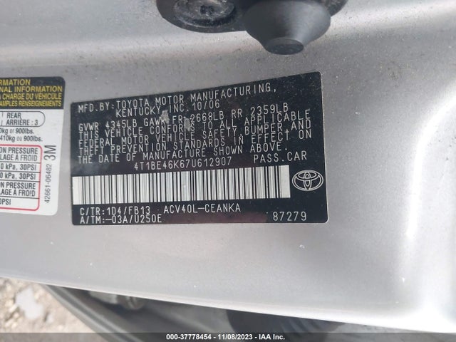 2007 TOYOTA CAMRY LE VIN: 4T1BE46K67U612907