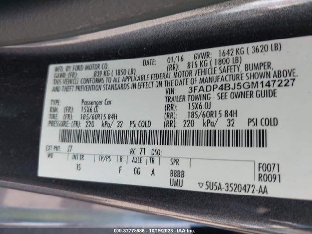 2016 FORD FIESTA SE VIN: 3FADP4BJ5GM147227