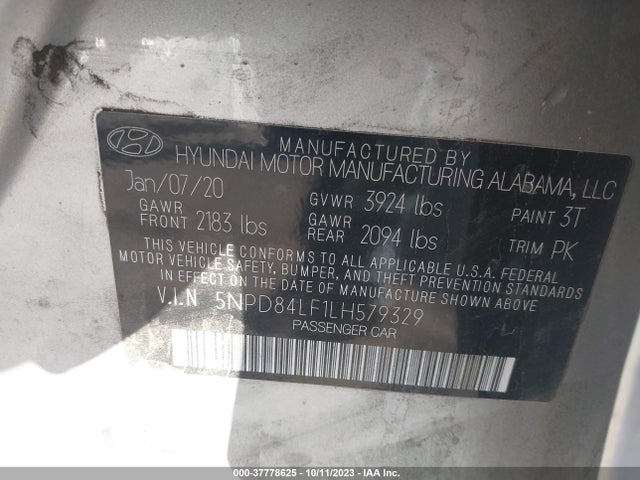 2020 HYUNDAI ELANTRA SEL VIN: 5NPD84LF1LH579329