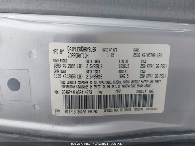 2005 DODGE GRAND CARAVAN SXT VIN: 2D4GP44L05R414773