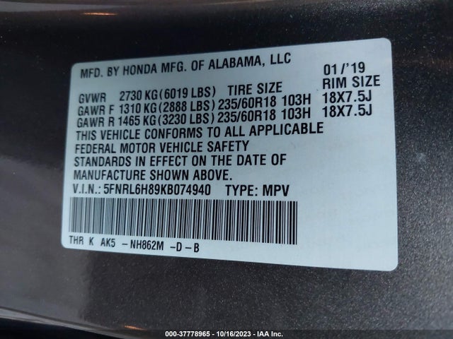 Honda Odyssey Touring 2019 5FNRL6H89KB074940 Image 9