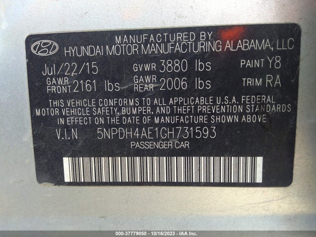 2016 HYUNDAI ELANTRA SE VIN: 5NPDH4AE1GH731593