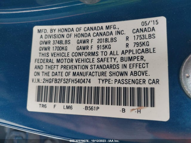 Honda Civic Lx 2015 2HGFB2F52FH540474 Image 9